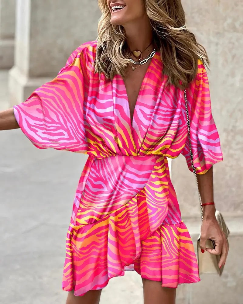 Summer Ladies Batman Sleeve V Neck Irregular Dress