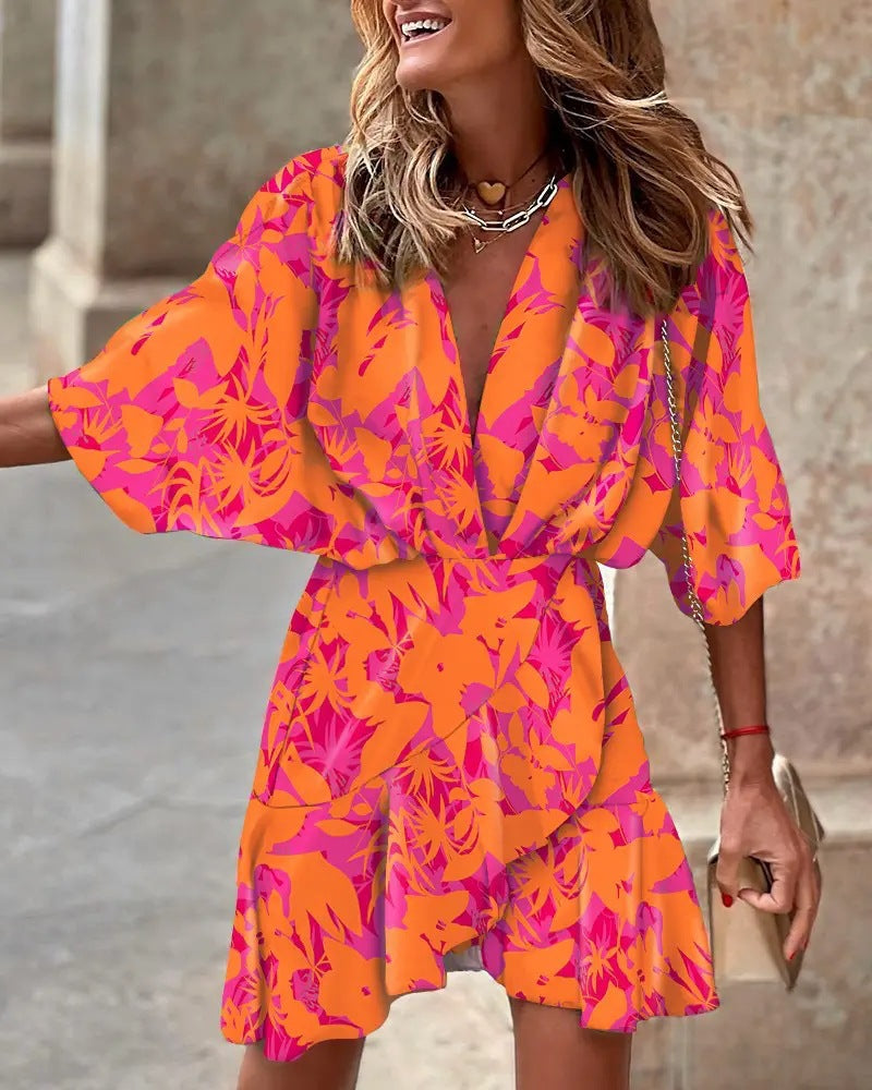 Summer Ladies Batman Sleeve V Neck Irregular Dress