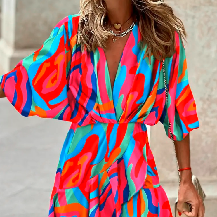 Summer Ladies Batman Sleeve V Neck Irregular Dress