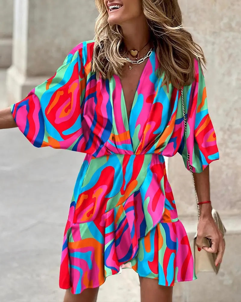 Summer Ladies Batman Sleeve V Neck Irregular Dress