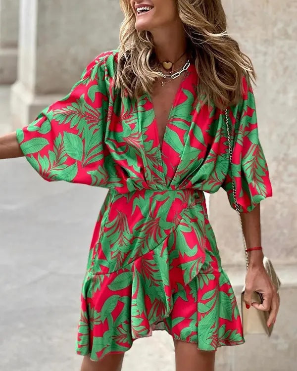 Summer Ladies Batman Sleeve V Neck Irregular Dress