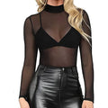 Womens Sheer Mesh Tops Shirts Long Sleeve Mock Neck See-Through Slim Ladies Blouse T-Shirt Clubwear Black