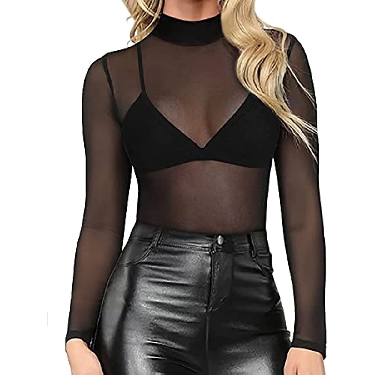 Womens Sheer Mesh Tops Shirts Long Sleeve Mock Neck See-Through Slim Ladies Blouse T-Shirt Clubwear Black